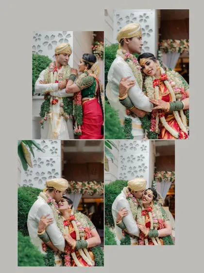 A collage of tender moments from a Tamil wedding, showcasing the couple's connection amidst the vibrant rituals and blessings from their families.