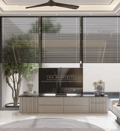 This bedroom is designed to be comfortable and relaxing, with a direct connection to an outdoor pool area. The design uses clean lines, subtle tones, and large windows to showcase luxury.