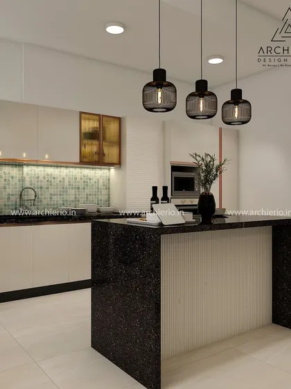 A modern kitchen with an island counter, perfect for meal prep and casual dining. The black granite and mosaic tile backsplash add a touch of sophistication.