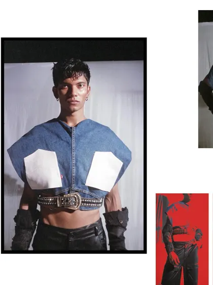 A 35mm film portrait with a bold, graphic quality. The composition includes a small, color-blocked inset, adding an experimental, collage-like element to the analog photograph.