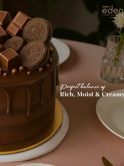 The perfect balance of rich, moist, and creamy. This chocolate drip cake, topped with Oreos and chocolate chunks, is designed for the ultimate texture and flavor experience.