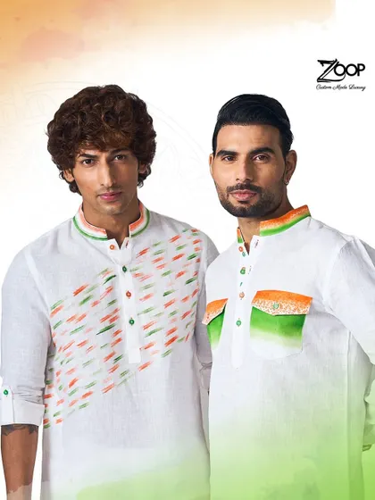 Two styles, one spirit. This image showcases two different tricolor-themed kurtas, offering exclusive designs for you to express your patriotism with elegance.