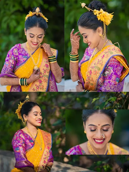 A collage of a stunning Maharashtrian bride in a yellow and purple Paithani saree, adorned with traditional jewelry and flowers.