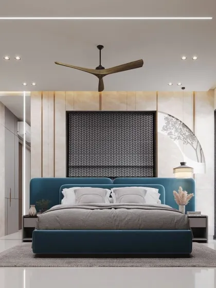 A frontal view of the blue upholstered bed from the 3D render, highlighting the textured wall panels and minimalist side tables. The design emphasizes symmetry and modern elegance.