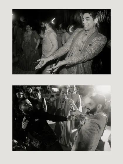 Black and white shots from the dance floor, capturing the dynamic movements and expressive faces of guests having a great time.
