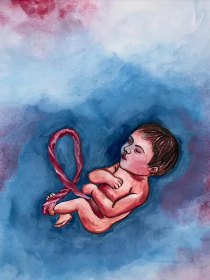 A symbolic watercolor painting of a newborn in the womb. I wanted to capture the beauty and fragility of new life in this deeply personal piece.