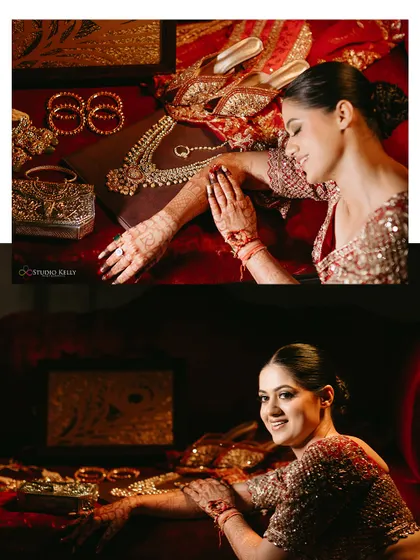 A collage of the bride getting ready, showing her admiring her wedding jewelry and her happy smiles.