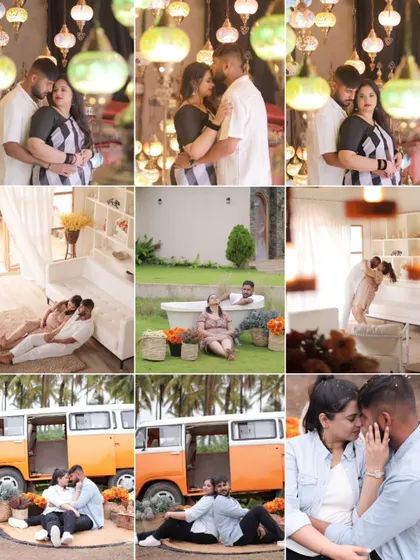 A comprehensive nine-image grid showing the full range of a themed shoot at a film city. It includes the Moroccan lamp room, an outdoor bathtub setup, and the vintage van, demonstrating how we can utilize multiple sets in one location.