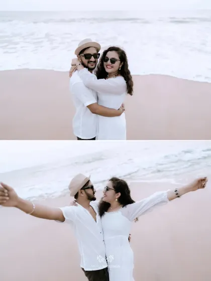 A diptych of the couple on the beach, one shot a loving embrace, the other a celebration with arms outstretched.
