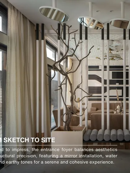 A 'sketch to site' collage of the entrance foyer. The mirror installation was designed to impress, balancing aesthetics with structural precision to create a serene and cohesive experience.