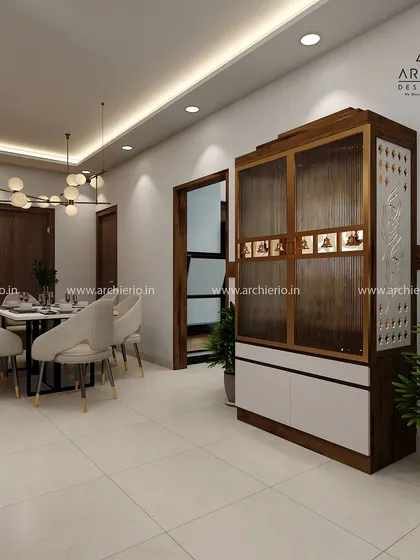 A stunning pooja unit with intricately designed doors, combining traditional craftsmanship with modern materials for a unique and sacred space.
