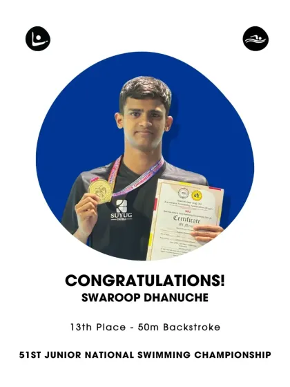 Swaroop Dhanuche's official congratulations graphic for his performance in the 50m Backstroke at the Junior Nationals.