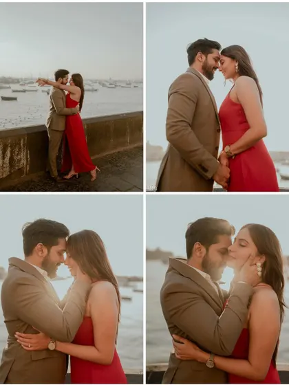 A collage of intimate moments from a sunrise pre-wedding shoot at the Gateway of India.