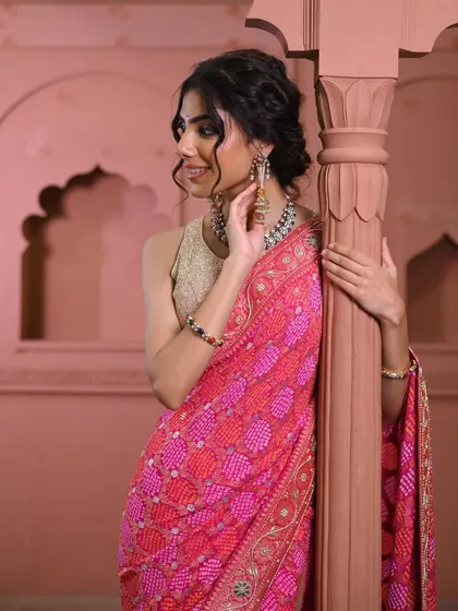A closer look at the beautiful bandhani work and the elegant drape of this festive saree. I help my clients pair such traditional pieces with the right jewelry, like this oxidized silver set, to complete the look.
