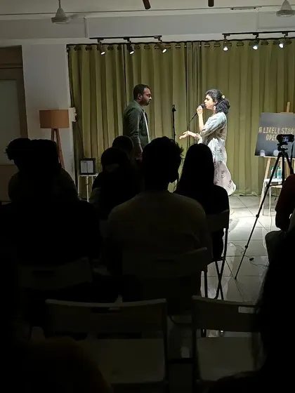 A storyteller holds the room captive. Our stage is set up to create an intimate connection between the artist and the audience, making every performance feel personal.