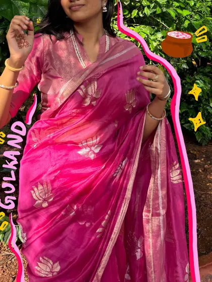 This pink Gulkand-colored saree is one of my favorites. The doodles highlight the beautiful lotus pattern.