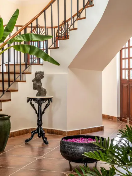 The transformed staircase in the Goan villa. We opted for a classic design with a simple black railing and added warmth with terracotta floor tiles and large plants, creating a welcoming and serene entryway.