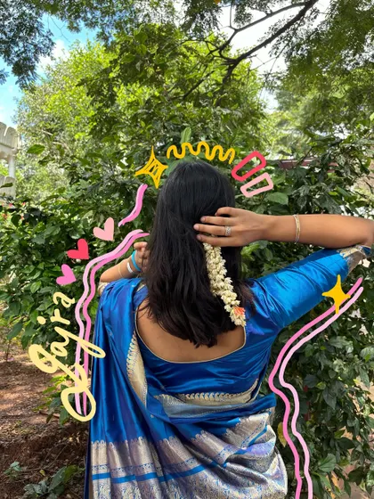 A cute gajra moment with my blue saree, highlighted with some fun, colorful doodles.