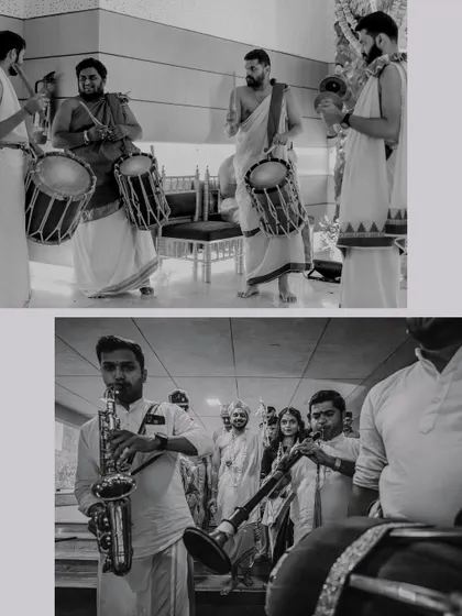 A collage showcasing the musical elements of a fusion wedding, with traditional drummers and saxophone players creating a unique and festive atmosphere.
