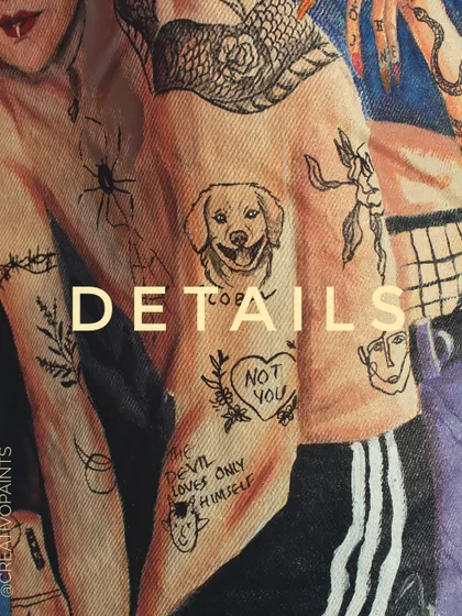 The magic is in the details. This close-up shows the fine line work on a custom jacket, where I recreated tiny, individual tattoos with precision. From the smiling dog portrait to the delicate script, every detail adds to the story.