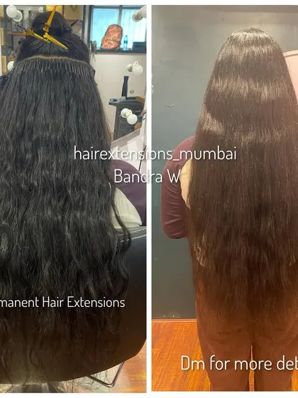 A before and after of a permanent hair extension application. The image on the left shows the extensions being applied, and the right shows the final, voluminous look.