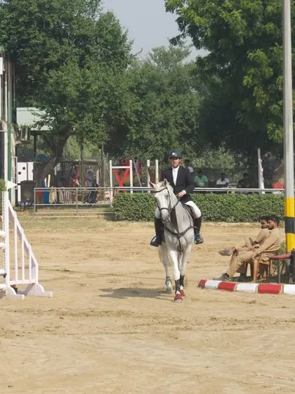 A rider and his grey horse looking composed after a round at an EFI Show Jumping event. Horsemanship and post-ride care are integral parts of our program.