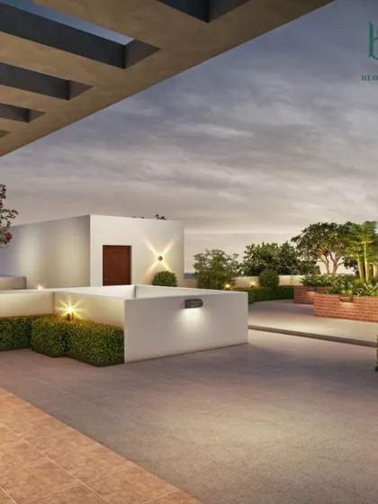 Another view from the same modern terrace design, this time highlighting the entrance under a slatted roof structure. This shows how I use architectural elements to define spaces and create a seamless flow from indoors to outdoors.