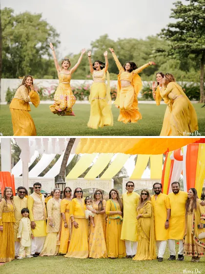The whole family coordinated in shades of yellow. The top photo of the girls jumping for joy perfectly captures the event's spirit.
