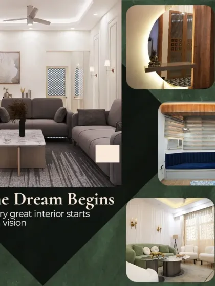 Every great interior starts as a vision. This collage highlights different elements from a client's home, including a cozy seating nook and a serene mandir, showing how we bring diverse ideas together.