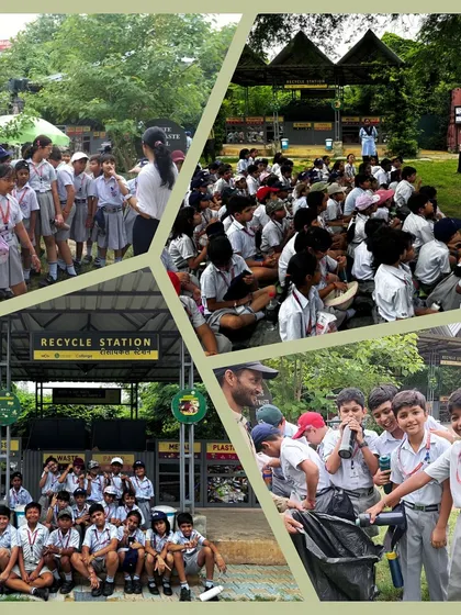 A collage capturing the fun and educational day at Samadhaan Hub, where students from Summer Fields School became recycling experts.