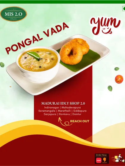 A comforting bowl of our ghee-laden Pongal paired with two crispy vadas. This combo is a heavenly match, perfect for a wholesome and hearty breakfast.