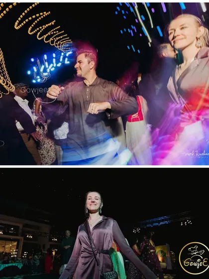 Motion-blurred photos capturing the dynamic energy of guests dancing at the reception.