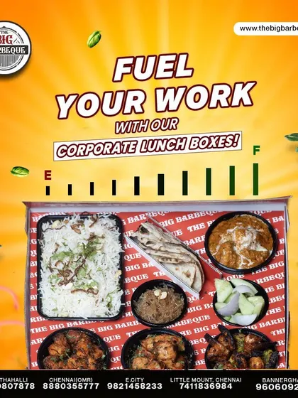 Fuel your work with a complete meal. This graphic displays the contents of our corporate lunch box, including biryani, curry, naan, and starters, showing how we provide a full and satisfying office lunch.
