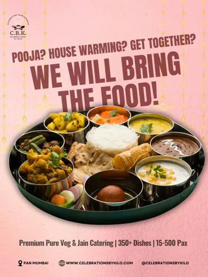 This graphic summarizes our offering for home events like poojas and get-togethers. We bring the food, you bring the celebration, with premium pure veg and Jain catering for 15 to 500 guests.