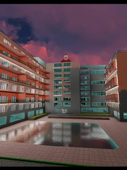 The rear view of the hotel concept, focusing on the large swimming pool and patio area. This space is designed as a resort-style amenity for guests.