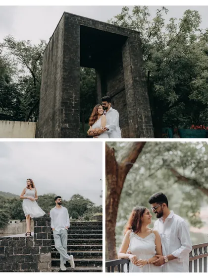 A collage showcasing different scenes from a park shoot. From a loving embrace under a modern stone structure to a quiet look shared by the trees, it shows the variety of moods we can capture.