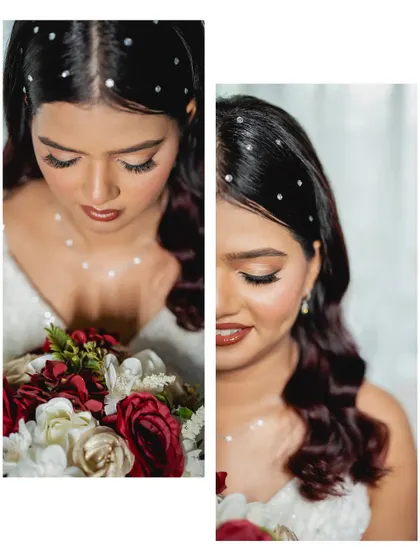 A diptych of close-up bridal portraits. These shots focus on the bride's beautiful makeup, hairstyle with pearl details, and her calm expression.