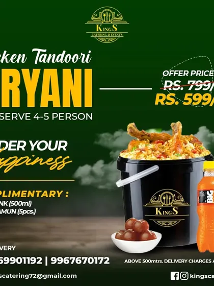 Our Chicken Tandoori Biryani offer. This 3kg bucket serves 4-5 people and comes with complimentary soft drink, gulab jamun, raita, and salad. Order before 9 AM for afternoon delivery.