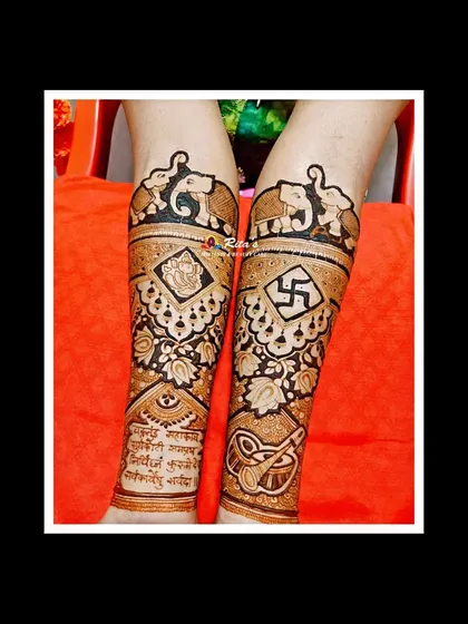 The arm design includes a Ganesh shloka written in beautiful Devanagari script, adding a deeply personal and spiritual touch to the bridal henna.