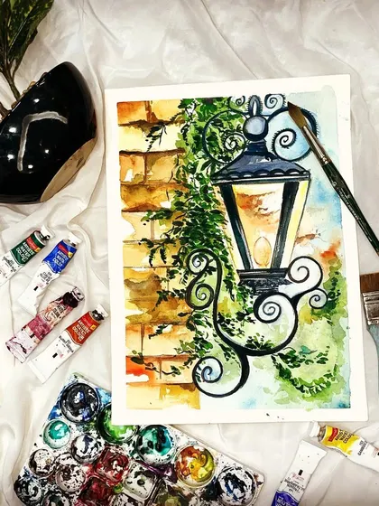This is my version of the vintage lamp post painting, created during our online beginner's watercolor batch. It's a great subject for practicing light, shadow, and intricate details.