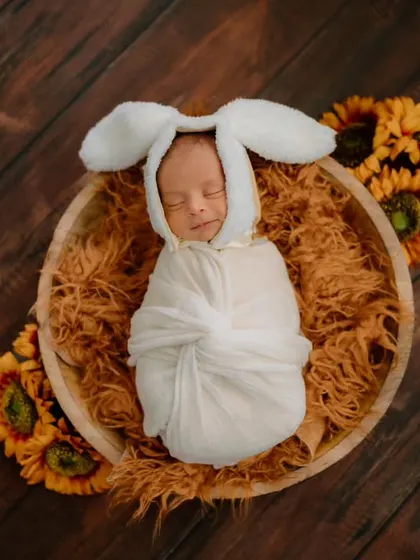 An overhead view of the baby bunny, emphasizing the adorable ears and the cozy, circular arrangement of sunflowers.