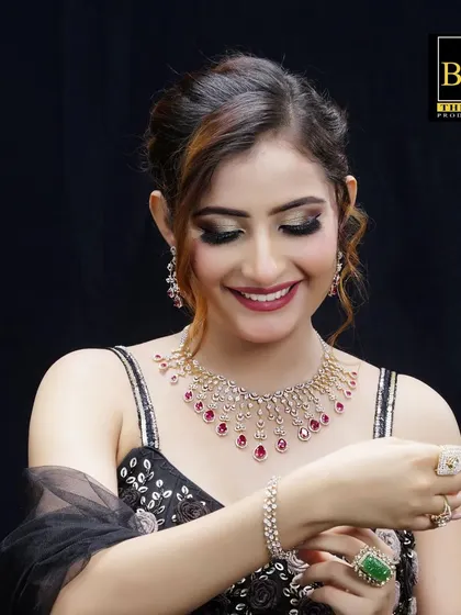 For this commercial shoot, the focus was on the intricate necklace. I styled the hair in a simple but elegant updo to keep the neckline clear and highlight the product.