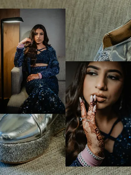 A collage showcasing the bride's glamorous cocktail night details: her stunning blue outfit, sparkling platform heels, and beautiful henna-adorned hands.