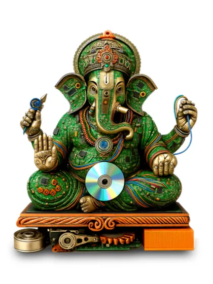 I show a digitally illustrated CyberGanesha concept with electronic motifs. Its presentation is distinct from evidence of a built installation.