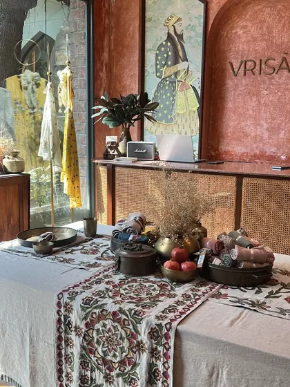 The entrance to Vrisa, a beautiful store in Jaipur known for its hand-embroidered and beautifully crafted pieces. A must-visit for anyone who loves artisanal fashion.
