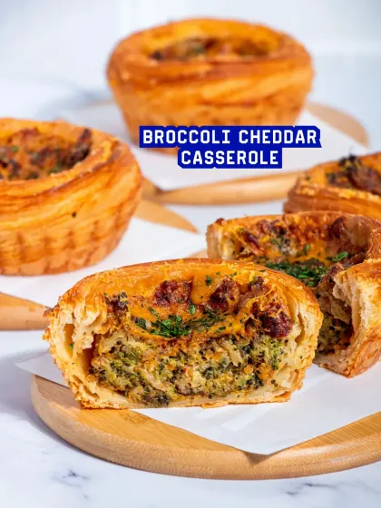 My Broccoli Cheddar Casserole is a meal in a pastry. This savoury danish is filled with a creamy mixture of broccoli and sharp cheddar cheese.