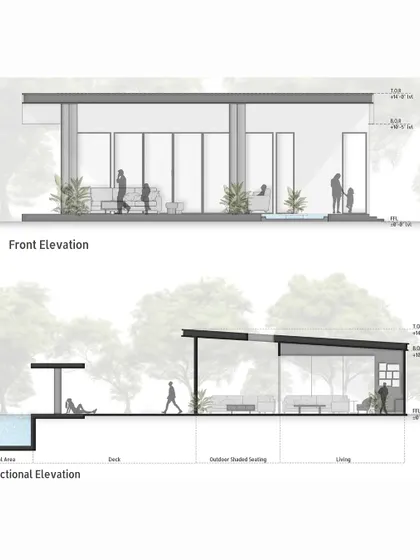 These architectural elevations show how the structure interacts with its inhabitants and the landscape. The sectional elevation, in particular, highlights the flow from the interior living space to the shaded deck and pool area.