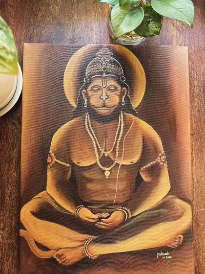 A portrait of Hanuman in deep meditation, finding peace in his devotion to Ram. The warm, earthy tones create a serene and powerful atmosphere.