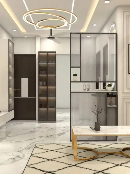 A 3D visualization of a luxurious living room. The design incorporates a marble-clad TV wall, a modern ring chandelier, and a glass partition to create a sophisticated and open environment.