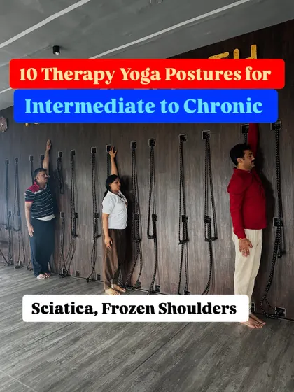 This image highlights some of the key therapeutic postures I teach for intermediate to chronic conditions like sciatica and frozen shoulders, often utilizing the wall for support and alignment.